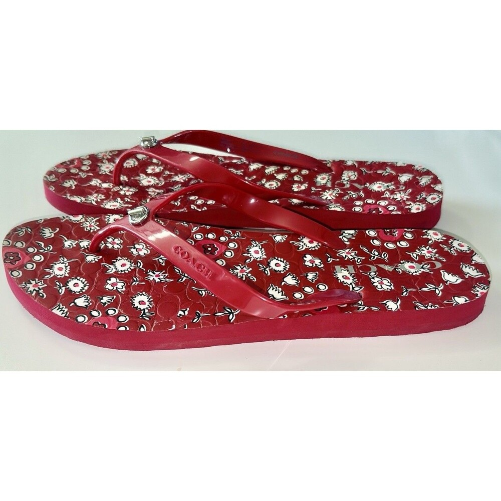 Coach Flip Flop Sandals Woman's Size 9B Abigail Red Floral w/ Silver Accent Shoe